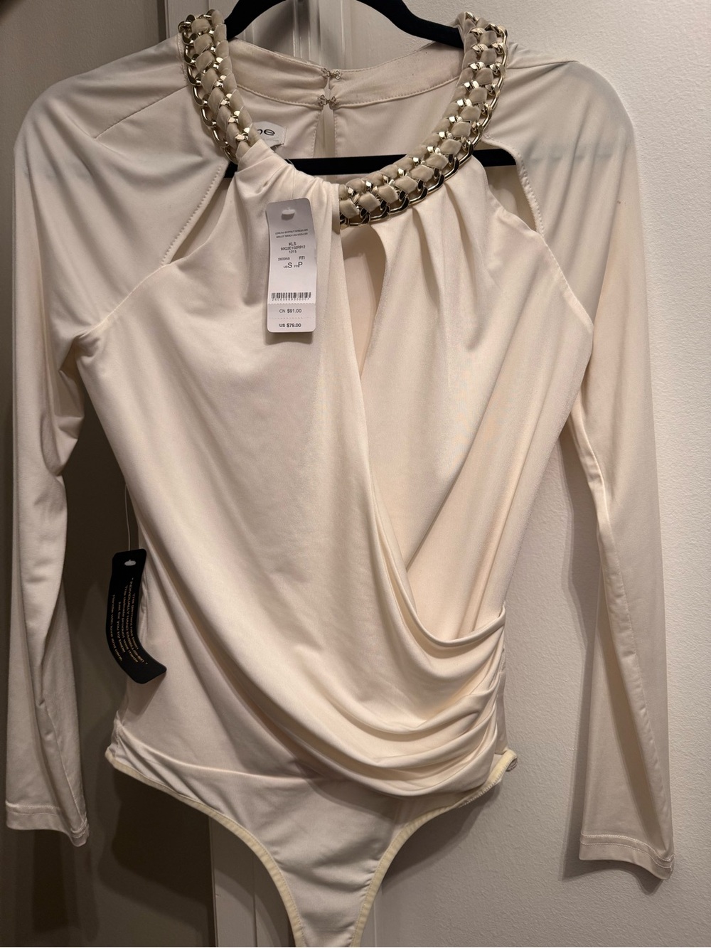 bebe Cream Long-Sleeve Chain-Detail Draped Bodysuit